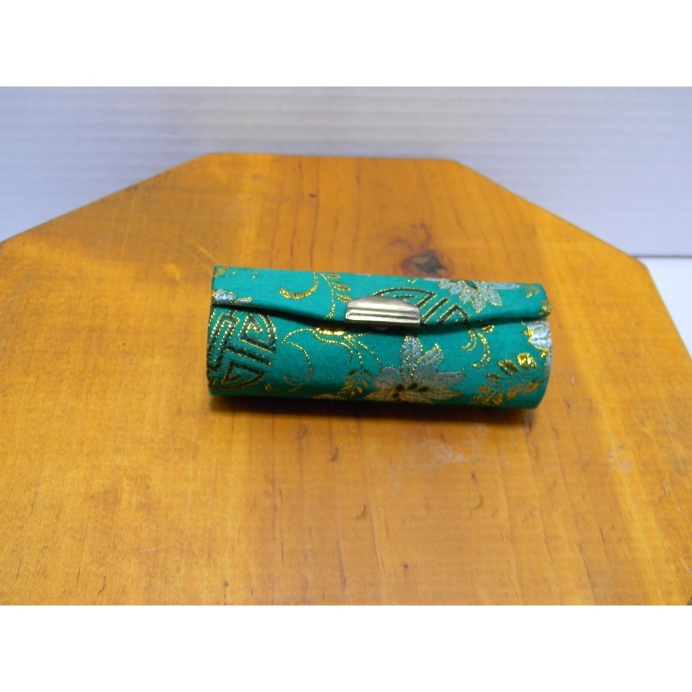 Vintage Green Gold Floral Brocade Lipstick Case Holder w/ Mirror Clasp
